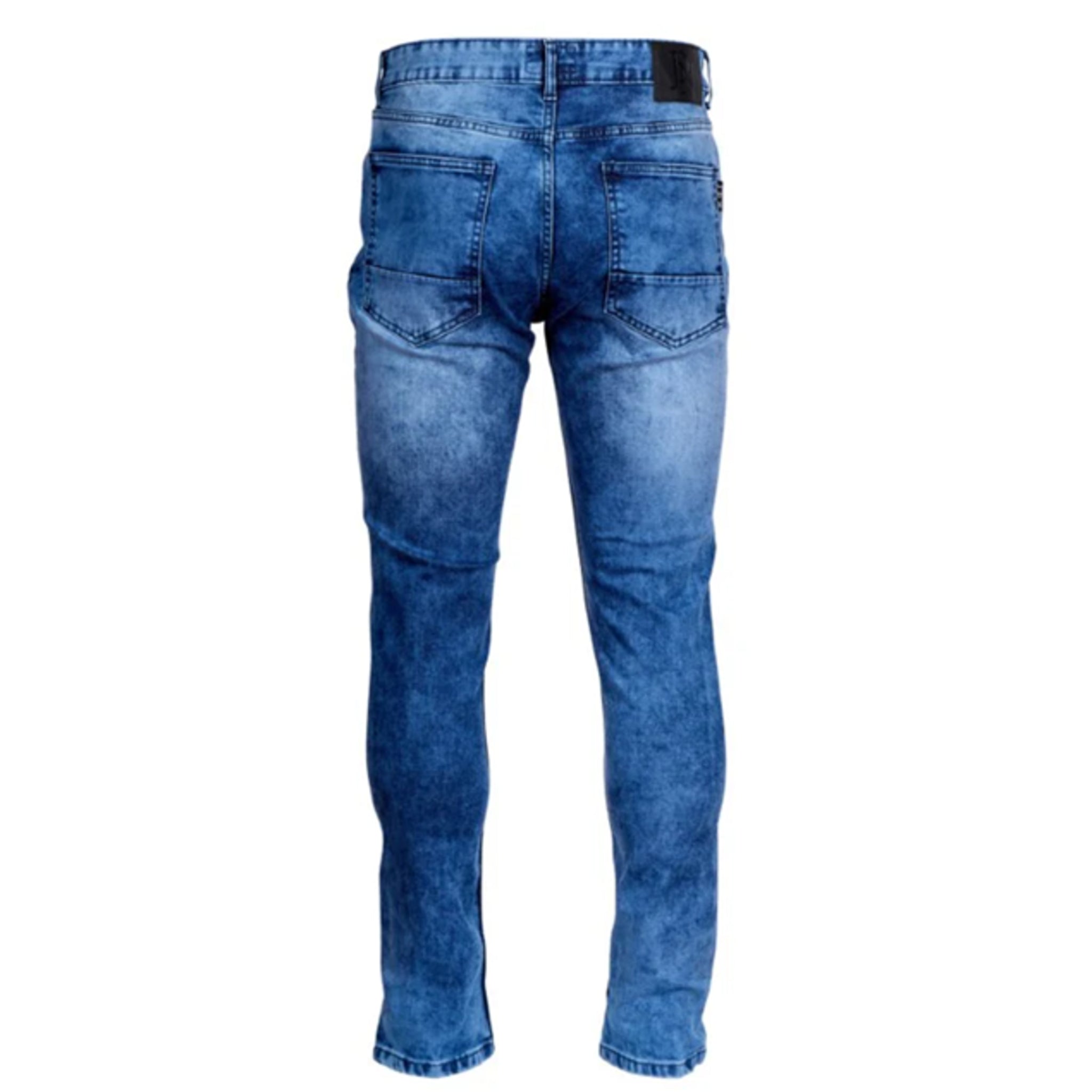Men's JDN branded slim fit jeans in light wash blue denim with tapered leg and classic five-pocket design